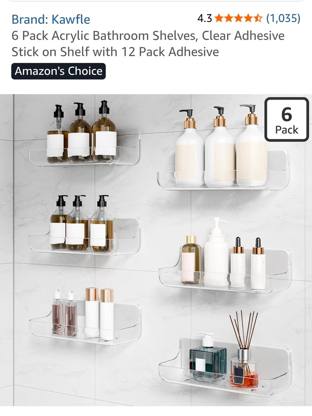 Clear Acrylic Bathroom Shelf - 6 Pack